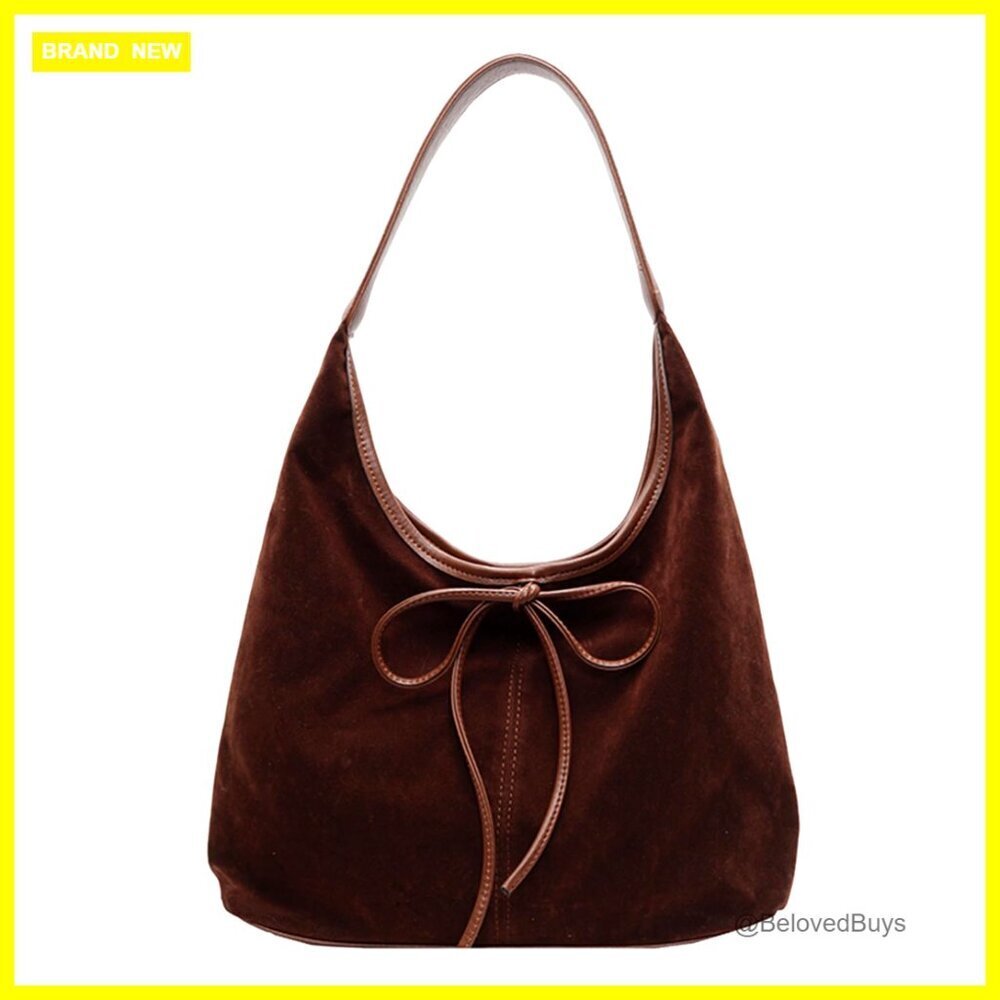 Suede Tote Bag with Bow Slouchy Hobo Shoulder Purse Women's Handbag